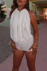 Jacquard Lace Shirred Halter Neck Slim Fit Playsuit Romper - White