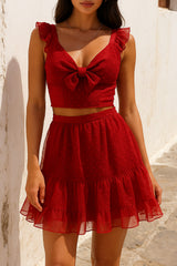 Ruffled Straps Crop Top Polka Dot Print Ruffled Mini Skirt Set - Red Pre Order