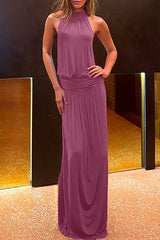 Solid Color Cinch Waist Halter Maxi Dresses - Purple