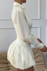 Deep V Neck Long Sleeve Corset Bubbled Mini Skirt 2pcs Set - Beige