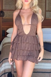 Halter Plunge Neck Layered Ruffled Hem Mini Dresses - Brown Pre Order