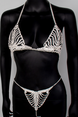 Sparkling Rhinestone Halter Neck Bra Pantie Body Chain Party Matching Set - Gold
