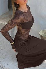 Floral Lace Patchwork Long Sleeve Ruched Slim Fit Maxi Dresses - Brown