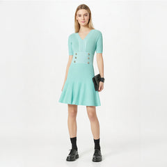 V-neck waist cinched knitted dress for children with a high-end feel, zipper slimming, hip hugging fishtail skirt