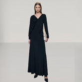 Asymmetric slim fit slimming long dress with V-neck design pleated solid color dress