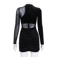 Mesh splicing perspective pleats buttocks wrapped short skirt golden velvet dress