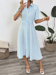 Shirt-style puff sleeve lapel striped dress