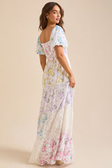 Ditsy Floral Print Puff Sleeve Lace Patchwork Maxi Dresses - White