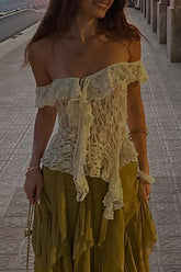 Jacquard Lace Off Shoulder Ruffled Top - Beige