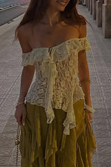 Jacquard Lace Off Shoulder Ruffled Top - Beige