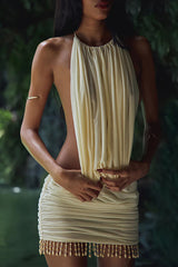 Solid Color Ruched Bodycon Fringed Trim Halter Mini Dresses - Yellow