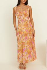 Floral Print Boat Neckline Tie Up Wide Strap A - Line Midi Dresses - Orange