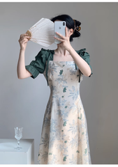 Retro-Kleid mit quadratischem Ausschnitt, Sommerkleid im französischen Stil, Patchwork-Blumenmuster, langes Kleid