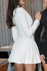 Deep V Neck Long Sleeve Button Up Cinch Waist Pleated Mini Dresses - White