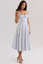 Plaid Print Buttons Decor Back Lace Up Slip Midi Dresses - Blue