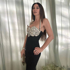 European and American sexy neck hanging bandage dress, heavy nail bead backless party dress, dress