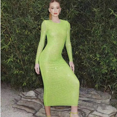 Long Sleeve Diamond Mesh See Through Long Dress