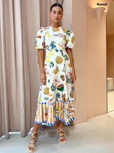 Short Sleeve Vintage Print Maxi Dress Casual Round Neck Puff Sleeve Loose Women Long Dress Slim Fit Elegant Robe