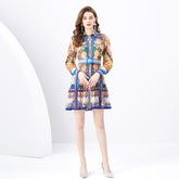 Palace style lapel lantern sleeve wavy edge short mini retro printed dress