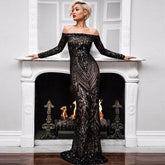 Westen Temperament Sequin Sexy One Neck Dress Banquet Evening Dress Women Long Dress