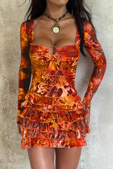 Irregular Neck Long Sleeve Mixed Print Layered Ruffled Mini Dresses - Purple