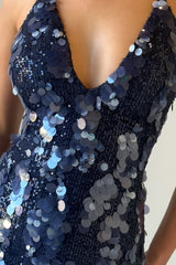Deep V Neck Sequin Bodycon Halter Mini Dresses - Blue Pre Order