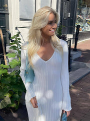 V-neck Women Knitted Maxi Dress Autumn Elegant Ribbed Long Sleeve Bodycon Dress