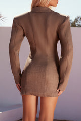 Deep Plunge Neckline Metal Floral Button Blazer Mini Dresses - Brown