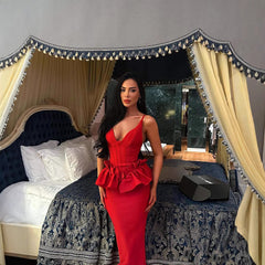 Red V-neck ruffle hem backless waist cinched evening dress socialite long dress