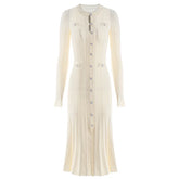 Early Fall Luxury Brief Gentle Beige Color Midi Knitting Dress Quality Buttons Strongly Elastic