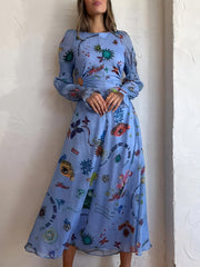 Spring Women Hollow Out Party Dress Printing Loungewear O-Neck Long Lantern Sleeve Loose Ladies Maxi Dress Streetwear