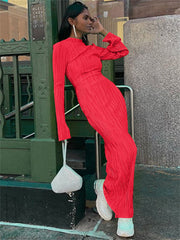 WJFZQM Long Sleeve Bodycon Striped Long Dresses Club Party Elegant Outfit Autumn Ruched Ruffle Sexy Y2K Clothes