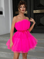 Mesh Solid Pink Ruched Halloween Dress Women Sashes Strapless Club Loose Dresses Backless High Waist Sexy Party Vestido