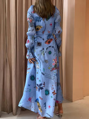 Spring Women Hollow Out Party Dress Printing Loungewear O-Neck Long Lantern Sleeve Loose Ladies Maxi Dress Streetwear