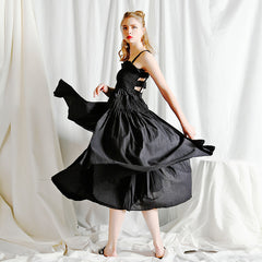 French retro white camisole backless pleated skirt with cinched waist and long style slimming dress