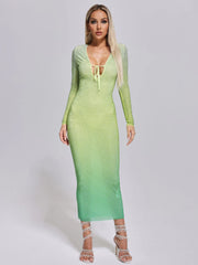 V-neck Diamond Water Diamond Tight Gradient Maxi Dress