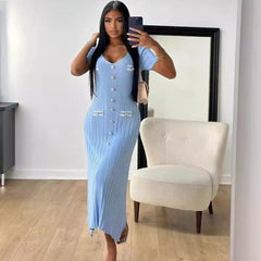 European and American sexy slim fit dress short sleeved V-neck slit dress