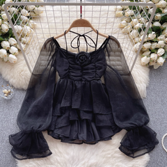 Camisa de manga abullonada Top elegante de gasa con estampado floral tridimensional para mujer