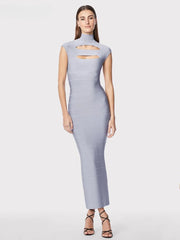 Sleeveless Stand Collar Hollow Bodycon Celebrity Party Club Maxi Dress