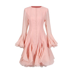 Round neck splicing ruffled mid-length skirt trumpet sleeve mid-length dress