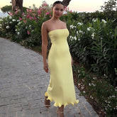 Solid color sexy strapless long, slim fit, big wave skirt hem dress