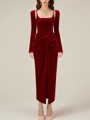 temperament square collar design with pleats and twists, solid color dress, long skirt, women's clothing