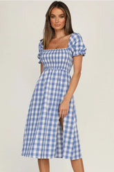 Slit Plaid Short Sleeve Midi Dress
