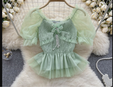 Women's square collar mesh puff sleeve blouses