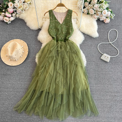 Ärmelloses V-Ausschnitt Spitzennähte A-Linien-Netzkleid elegantes Maxikleid