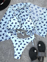 Conjunto de bikini de tres piezas de manga larga con estampado de mariposas