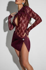 Cutout Jacquard Bodysuit Slit Mini Skirt 2pcs Set - Burgundy