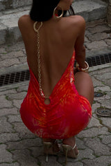 Halter Neck Cutout Floral Print Ruched Fitted Mini Dresses - Red