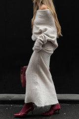 Off Shoulder Long Sleeve Sweater Textured Knit Maxi Skirt Matching Set - Beige