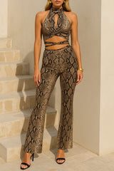 Snake Pattern Halter Cutout Lace Up Crop Top Flared Pants Set - Grey Pre Order